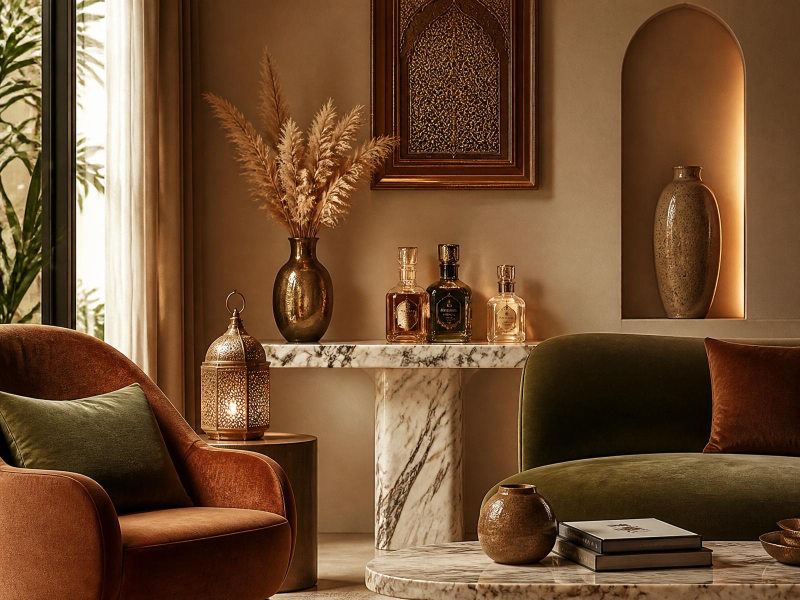 Interior sofisticado com perfumaria árabe e decoração premium